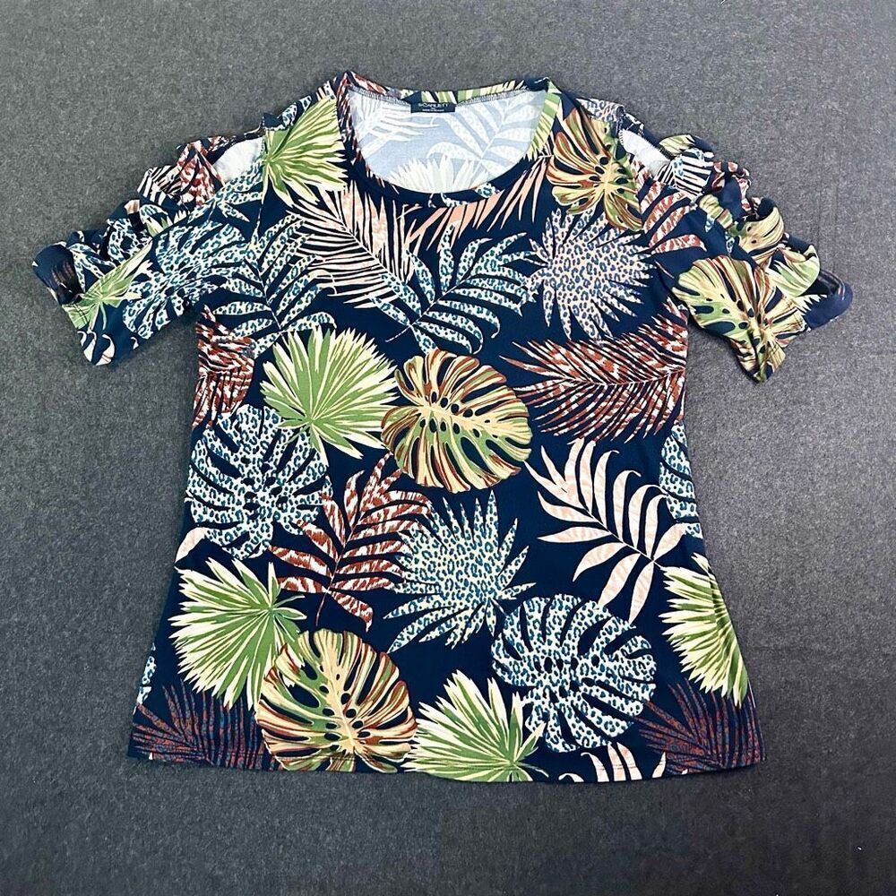 Scarlett Tropical Floral Print U-Neck Cutout Sleeve Blouse Womens XL Blue Cottag